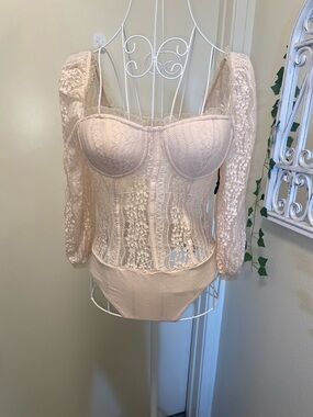 Haute Monde Cream Lace Long Sleeve Bustier Bodysuit